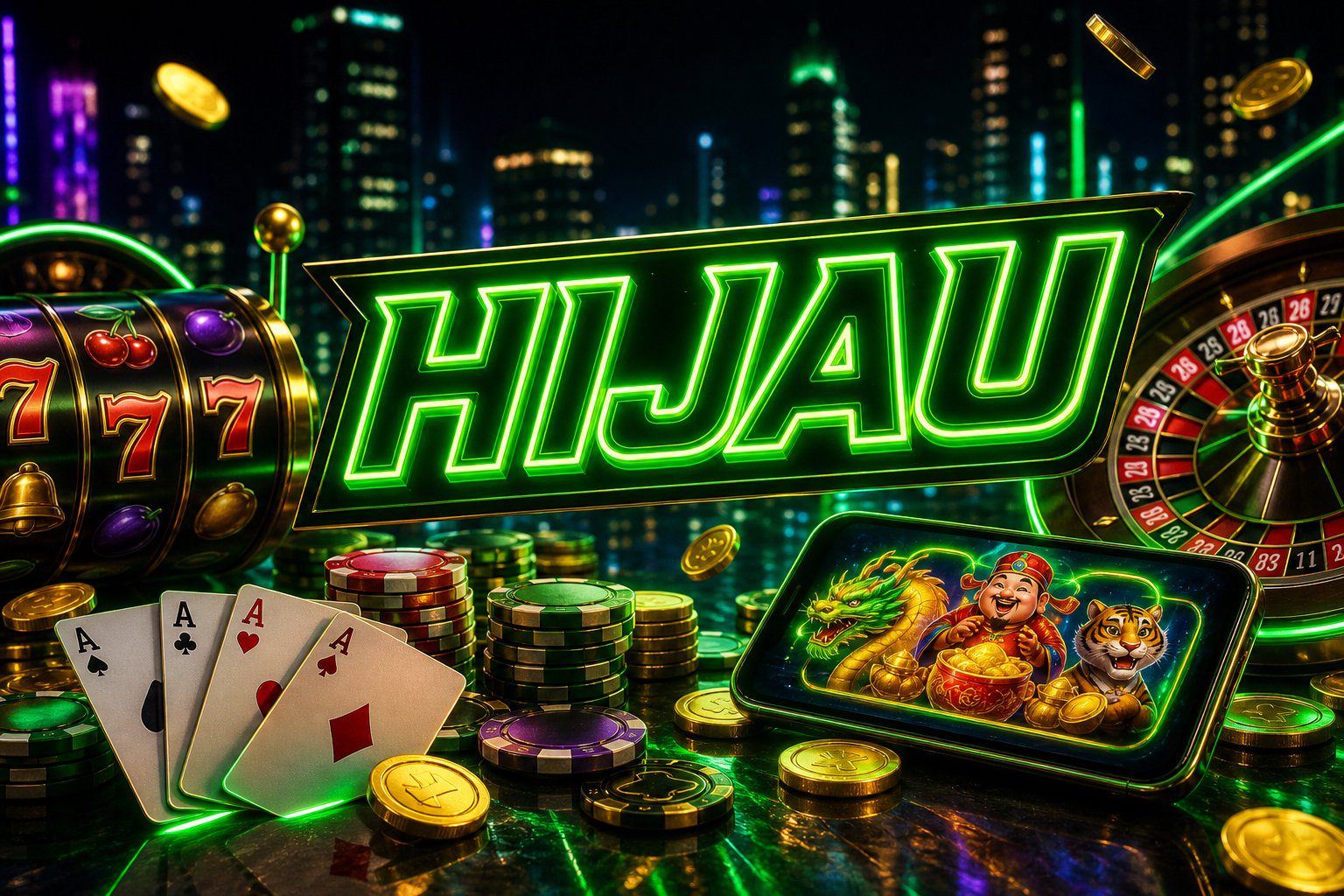 Ilustrasi permainan Fortune Gems di HIJAU FG dengan simbol permata hijau dan bonus deposit pertama
